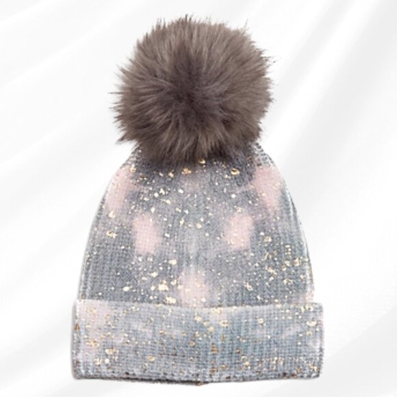 2/$50 Jocelyn Women Tie Dye Knit Beanie Hat Faux Fur Pom Pom NWT
